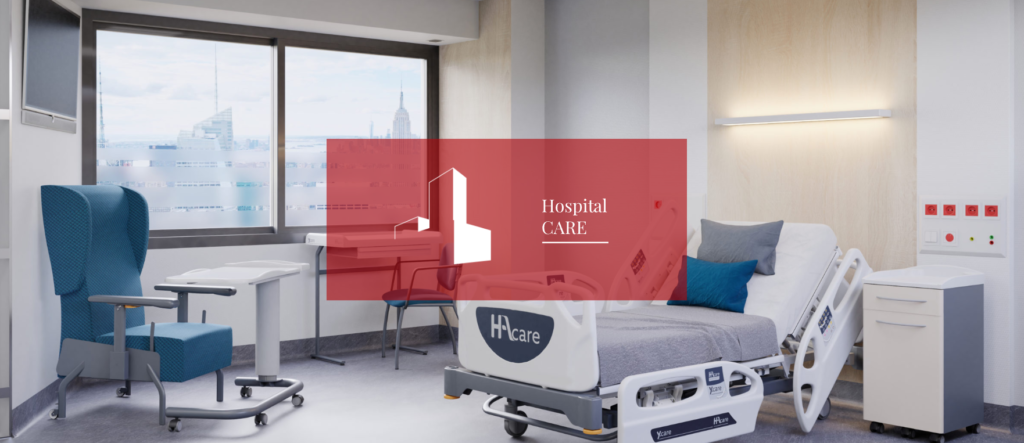 Sjúkrarúm á heilbrigðisstofnanir, með náttborði, stóll með stillingum, skrifborð og stólar.